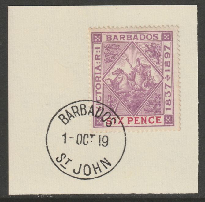 Barbados 1897 Diamond Jubilee 6d on piece with full strike of Madame Joseph forged postmark type 45, stamps on , stamps on  qv , stamps on forgery, stamps on madame joseph