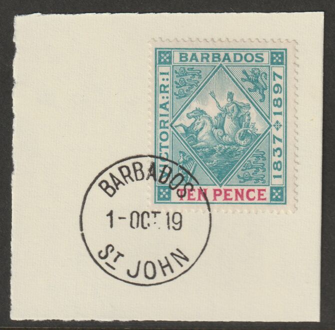 Barbados 1897 Diamond Jubilee 10d on piece with full strike of Madame Joseph forged postmark type 45, stamps on , stamps on  qv , stamps on forgery, stamps on madame joseph