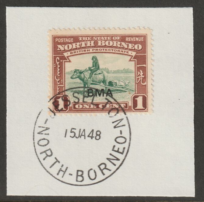 North Borneo 1945 BMA overprinted on 1c on piece with full strike of Madame Joseph forged postmark type 311, stamps on forgeries, stamps on  kg6 , stamps on animals, stamps on buffalo, stamps on bison