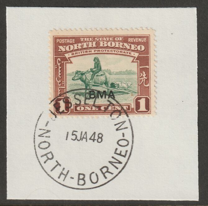 North Borneo 1945 BMA overprinted on 1c on piece with full strike of Madame Joseph forged postmark type 311, stamps on forgeries, stamps on  kg6 , stamps on animals, stamps on buffalo, stamps on bison