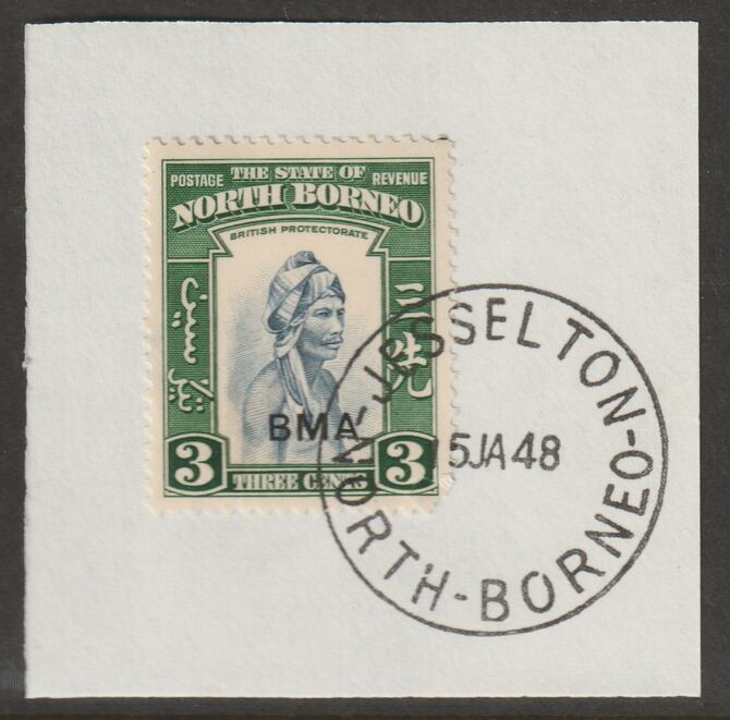 North Borneo 1945 BMA overprinted on 3c on piece with full strike of Madame Joseph forged postmark type 311, stamps on forgeries, stamps on  kg6 , stamps on 
