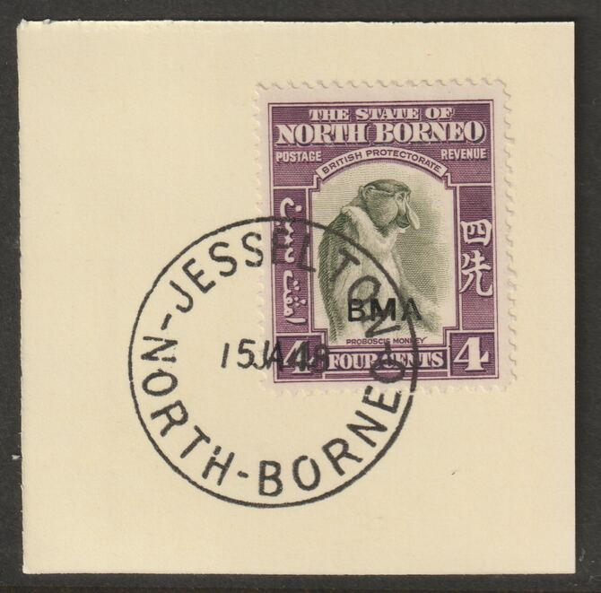 North Borneo 1945 BMA overprinted on 4c on piece with full strike of Madame Joseph forged postmark type 311, stamps on forgeries, stamps on  kg6 , stamps on animals, stamps on apes