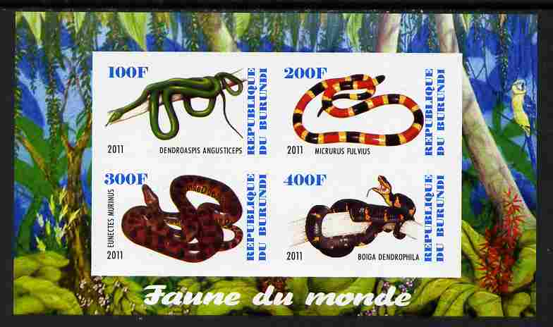 Burundi 2011 Fauna of the World - Reptiles - Snakes #3 imperf sheetlet containing 4 values unmounted mint, stamps on , stamps on  stamps on animals, stamps on  stamps on reptiles, stamps on  stamps on snakes