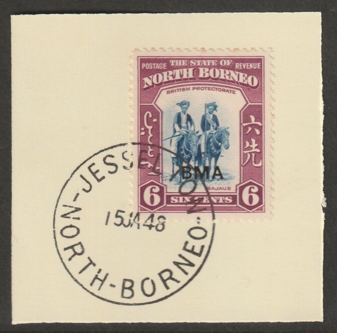 North Borneo 1945 BMA overprinted on 6c on piece with full strike of Madame Joseph forged postmark type 311, stamps on forgeries, stamps on  kg6 , stamps on horses
