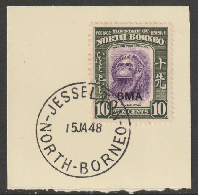 North Borneo 1945 BMA overprinted on 10c on piece with full strike of Madame Joseph forged postmark type 311, stamps on , stamps on  stamps on forgeries, stamps on  stamps on  kg6 , stamps on  stamps on animals, stamps on  stamps on apes