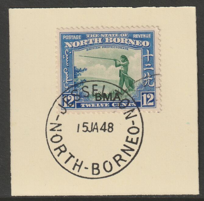 North Borneo 1945 BMA overprinted on 12c on piece with full strike of Madame Joseph forged postmark type 311, stamps on forgeries, stamps on  kg6 , stamps on 