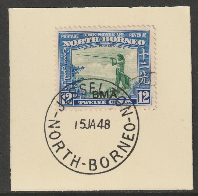 North Borneo 1945 BMA overprinted on 12c on piece with full strike of Madame Joseph forged postmark type 311, stamps on , stamps on  stamps on forgeries, stamps on  stamps on  kg6 , stamps on  stamps on 