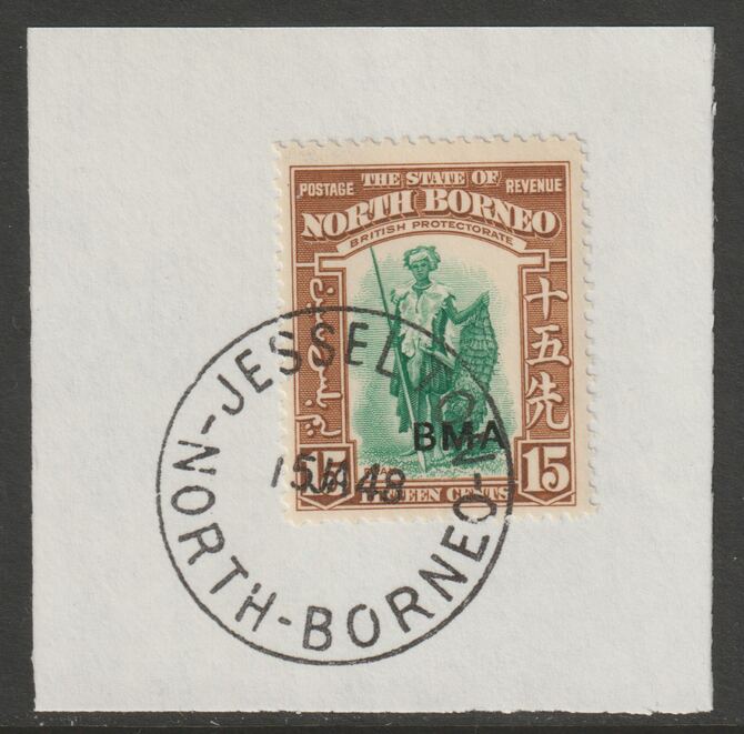 North Borneo 1945 BMA overprinted on 15c on piece with full strike of Madame Joseph forged postmark type 311, stamps on , stamps on  stamps on forgeries, stamps on  stamps on  kg6 , stamps on  stamps on 