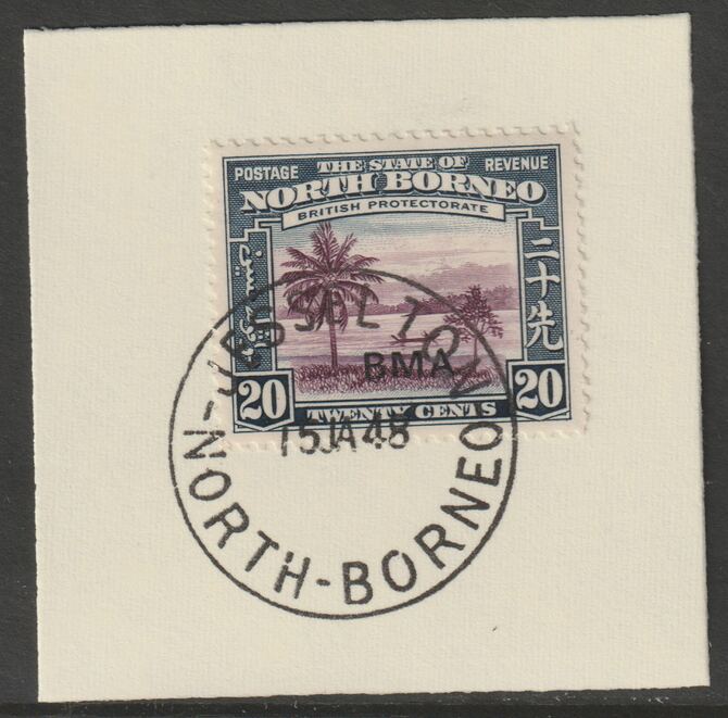 North Borneo 1945 BMA overprinted on 20c on piece with full strike of Madame Joseph forged postmark type 311, stamps on forgeries, stamps on  kg6 , stamps on rivers