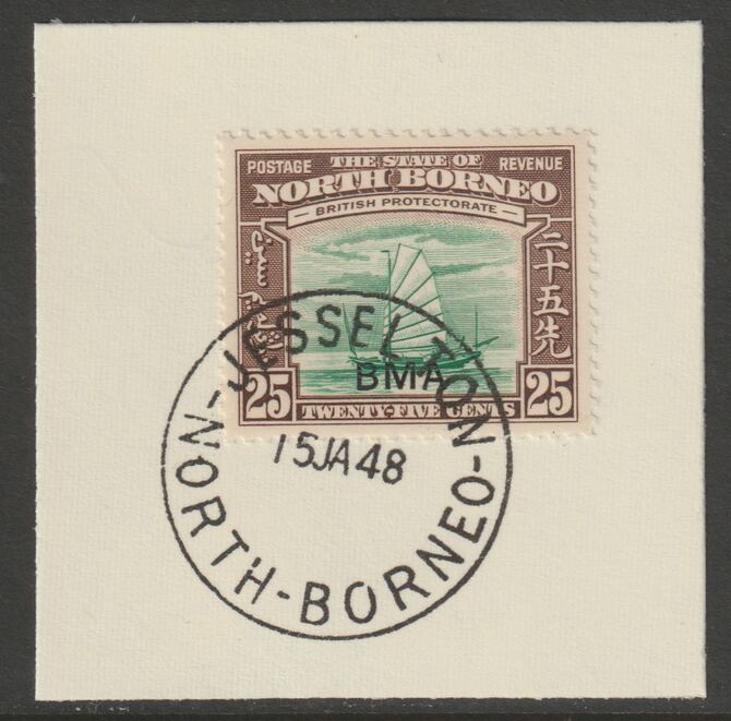 North Borneo 1945 BMA overprinted on 25c on piece with full strike of Madame Joseph forged postmark type 311, stamps on , stamps on  stamps on forgeries, stamps on  stamps on  kg6 , stamps on  stamps on ships, stamps on  stamps on sailing