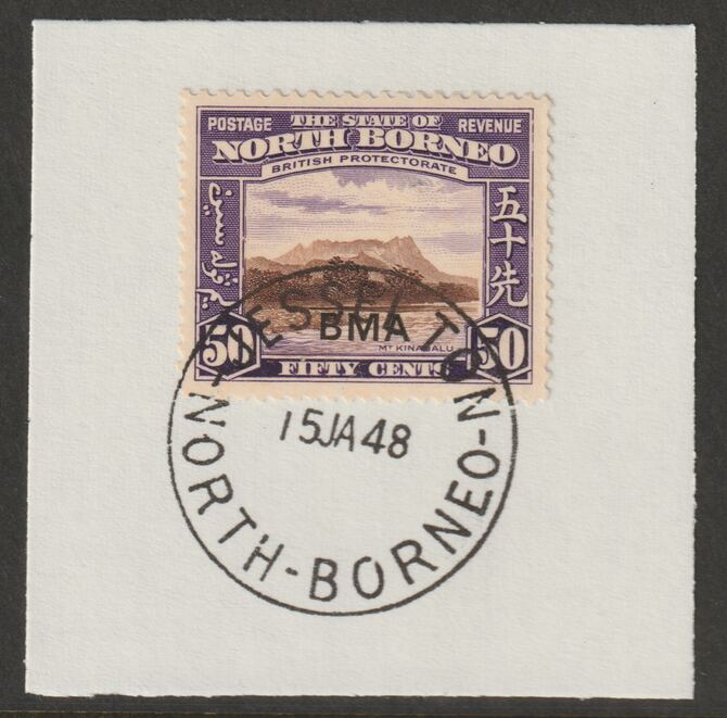 North Borneo 1945 BMA overprinted on 50c on piece with full strike of Madame Joseph forged postmark type 311, stamps on forgeries, stamps on  kg6 , stamps on mountains
