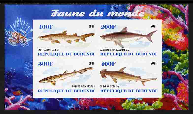 Burundi 2011 Fauna of the World - Sharks #2 imperf sheetlet containing 4 values unmounted mint, stamps on , stamps on  stamps on animals, stamps on  stamps on fish, stamps on  stamps on sharks