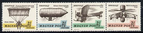 Hungary 1967 'Aerofila '67' Airmail Stamp Exhibition #1 se-tenant perf strip of 4 (Parachute, Airship, Helicopter) unmounted mint Mi 2317-20, stamps on , stamps on  stamps on aviation, stamps on  stamps on parachutes, stamps on  stamps on helicopter, stamps on  stamps on airships, stamps on  stamps on   stamp exhibitions