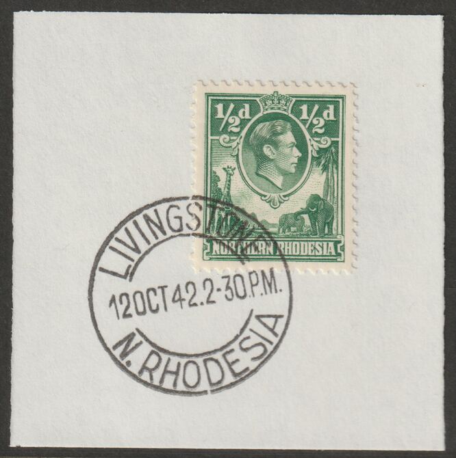 Northern Rhodesia 1938 KG6 1/2d green on piece with full strike of Madame Joseph forged postmark type 335, stamps on , stamps on  stamps on , stamps on  stamps on  kg6 , stamps on  stamps on forgeries, stamps on  stamps on animals, stamps on  stamps on giraffes, stamps on  stamps on elephants