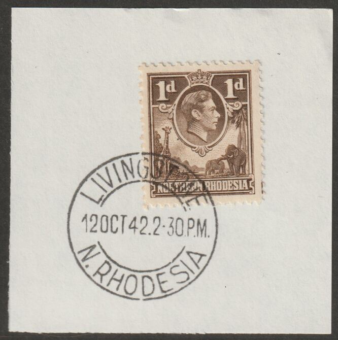 Northern Rhodesia 1938 KG6 1d brown on piece with full strike of Madame Joseph forged postmark type 335, stamps on , stamps on  stamps on , stamps on  stamps on  kg6 , stamps on  stamps on forgeries, stamps on  stamps on animals, stamps on  stamps on giraffes, stamps on  stamps on elephants