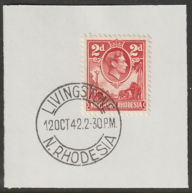 Northern Rhodesia 1938 KG6 2d carmine-red on piece with full strike of Madame Joseph forged postmark type 335, stamps on , stamps on  kg6 , stamps on forgeries, stamps on animals, stamps on giraffes, stamps on elephants