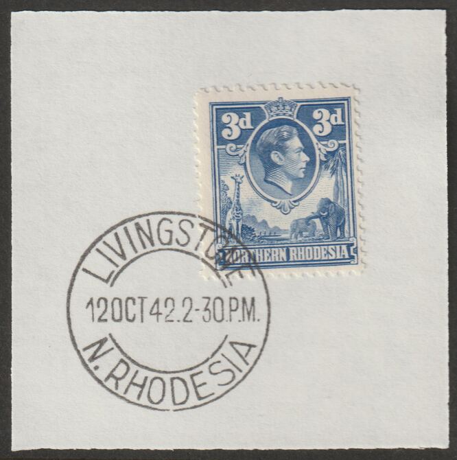 Northern Rhodesia 1938 KG6 3d ultramarine on piece with full strike of Madame Joseph forged postmark type 335, stamps on , stamps on  stamps on , stamps on  stamps on  kg6 , stamps on  stamps on forgeries, stamps on  stamps on animals, stamps on  stamps on giraffes, stamps on  stamps on elephants