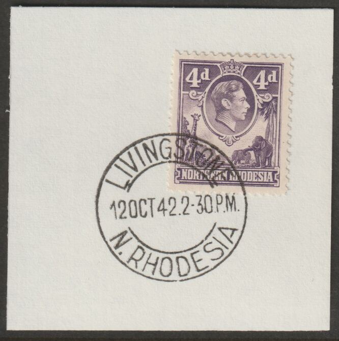 Northern Rhodesia 1938 KG6 4d dull violet on piece with full strike of Madame Joseph forged postmark type 335, stamps on , stamps on  stamps on , stamps on  stamps on  kg6 , stamps on  stamps on forgeries, stamps on  stamps on animals, stamps on  stamps on giraffes, stamps on  stamps on elephants