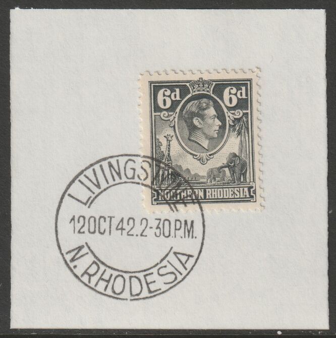 Northern Rhodesia 1938 KG6 6d grey on piece with full strike of Madame Joseph forged postmark type 335, stamps on , stamps on  kg6 , stamps on forgeries, stamps on animals, stamps on giraffes, stamps on elephants