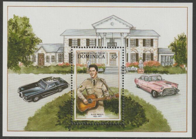 Dominica 1988 Entertainers - Elvis Presley perf m/sheet unmounted mint SG MS1162B, stamps on , stamps on  stamps on music, stamps on  stamps on elvis, stamps on  stamps on pops, stamps on  stamps on rock, stamps on  stamps on cars