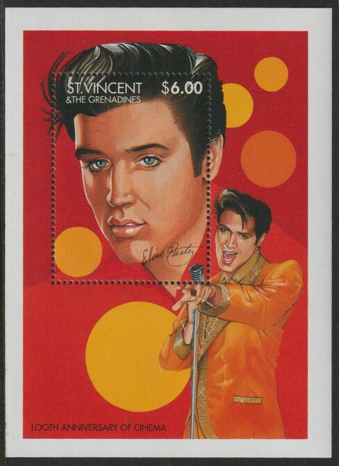 St Vincent - Grenadines 1995 Centenary of the Cinema - Elvis Presley perf m/sheet unmounted mint , stamps on , stamps on  stamps on music, stamps on  stamps on elvis, stamps on  stamps on pops, stamps on  stamps on rock, stamps on  stamps on films, stamps on  stamps on movies, stamps on  stamps on cinema