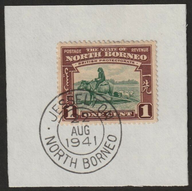 North Borneo 1939 Buffalo Transport 1c on piece with full strike of Madame Joseph forged postmark type 310, stamps on forgeries, stamps on  kg6 , stamps on animals, stamps on buffalo, stamps on bison