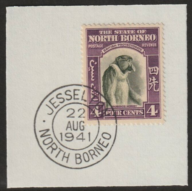 North Borneo 1939 Monkey 4c on piece with full strike of Madame Joseph forged postmark type 310, stamps on forgeries, stamps on  kg6 , stamps on animals, stamps on apes