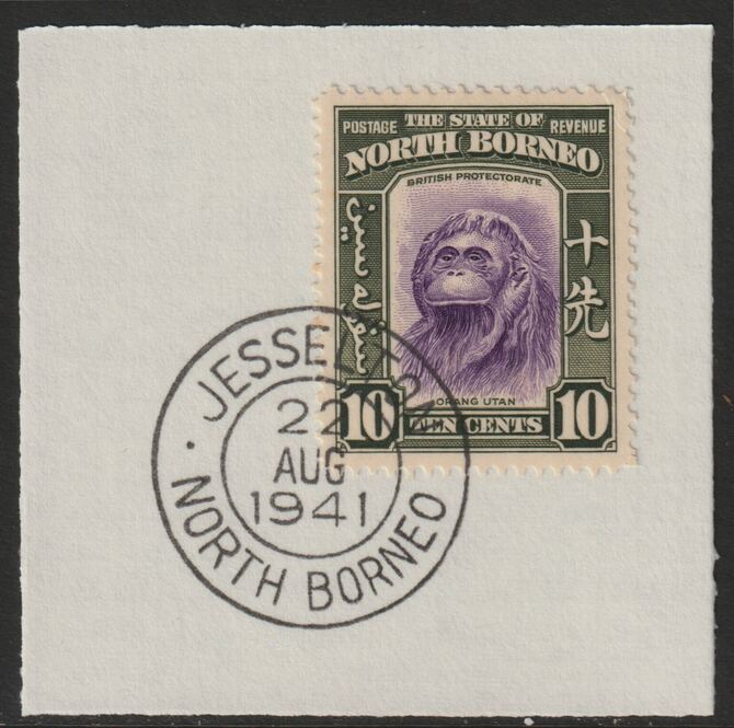 North Borneo 1939 Orangutan 10c on piece with full strike of Madame Joseph forged postmark type 310, stamps on , stamps on  stamps on forgeries, stamps on  stamps on  kg6 , stamps on  stamps on animals, stamps on  stamps on apes