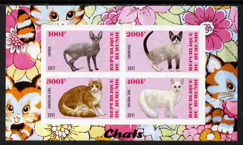 Burundi 2011 Domestic Cats #1 - pink background imperf sheetlet containing 4 values unmounted mint, stamps on animals, stamps on cats