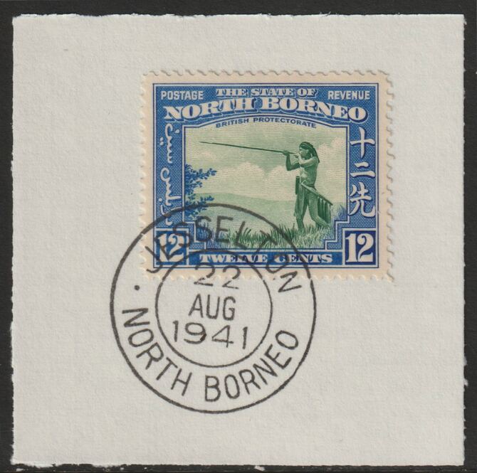 North Borneo 1939 Murat 12c on piece with full strike of Madame Joseph forged postmark type 310, stamps on forgeries, stamps on  kg6 , stamps on cultures