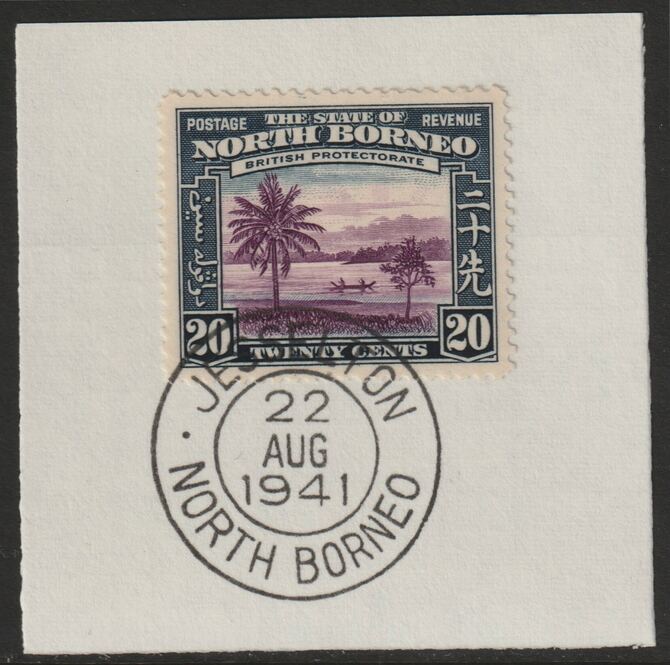 North Borneo 1939 River Scene 20c on piece with full strike of Madame Joseph forged postmark type 310, stamps on , stamps on  stamps on forgeries, stamps on  stamps on  kg6 , stamps on  stamps on rivers