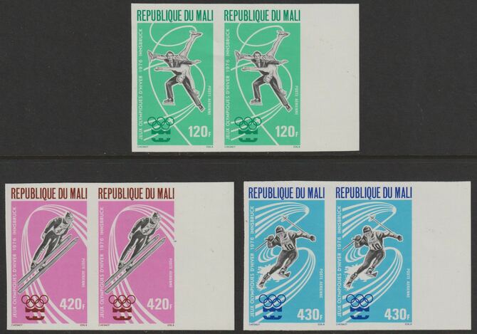 Mali 1976 Winter Olympic Games set of 3 each in imperf pair from limited printing unmounted mint  as SG 521-23, stamps on olympics, stamps on skiing, stamps on skating