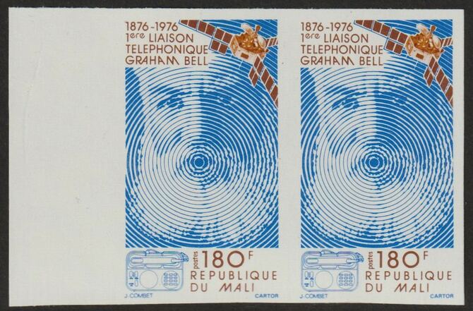 Mali 1976 Telephone Centenary 180f imperf pair from limited printing unmounted mint  as SG 524, stamps on telephones, stamps on communications, stamps on graham bell, stamps on 