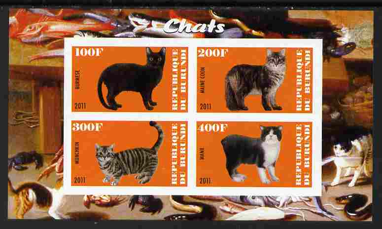 Burundi 2011 Domestic Cats #4 - orange background imperf sheetlet containing 4 values unmounted mint, stamps on animals, stamps on cats