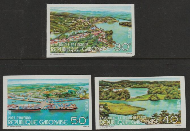 Gabon1978 Views of Gabon imperf set of 3 from limited printing unmounted mint  as SG 648-50, stamps on tourism.lakes