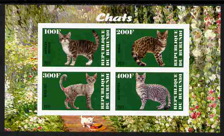 Burundi 2011 Domestic Cats #5 - green background imperf sheetlet containing 4 values unmounted mint, stamps on animals, stamps on cats