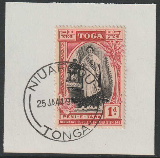 Tonga  1944 Silver Jubilee of Queen Salotes Acccession 1d on piece with full strike of Madame Joseph forged postmark type 416, stamps on forgeries, stamps on forgery, stamps on royalty