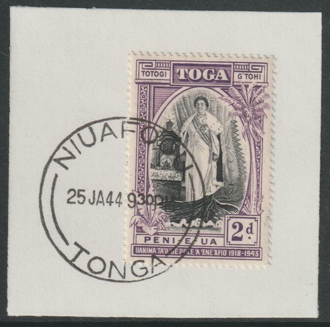 Tonga  1944 Silver Jubilee of Queen Salotes Acccession 2d on piece with full strike of Madame Joseph forged postmark type 416, stamps on forgeries, stamps on forgery, stamps on royalty