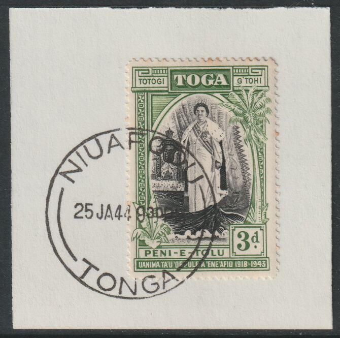Tonga  1944 Silver Jubilee of Queen Salotes Acccession 3d on piece with full strike of Madame Joseph forged postmark type 416, stamps on forgeries, stamps on forgery, stamps on royalty
