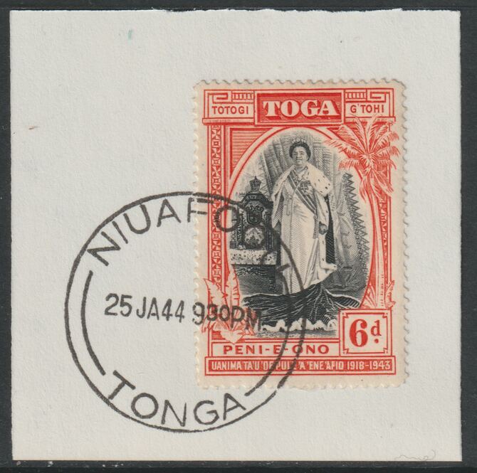 Tonga  1944 Silver Jubilee of Queen Salote's Acccession 6d on piece with full strike of Madame Joseph forged postmark type 416, stamps on , stamps on  stamps on forgeries, stamps on  stamps on forgery, stamps on  stamps on royalty