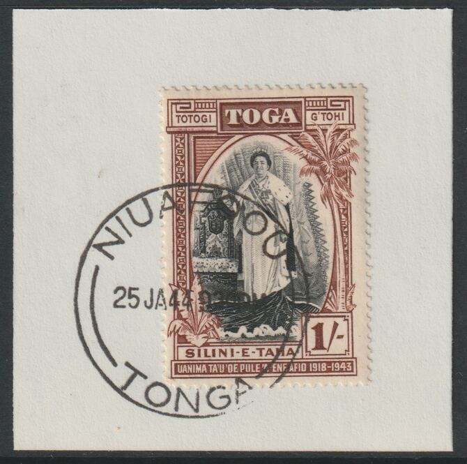 Tonga  1944 Silver Jubilee of Queen Salotes Acccession 1s on piece with full strike of Madame Joseph forged postmark type 416, stamps on forgeries, stamps on forgery, stamps on royalty