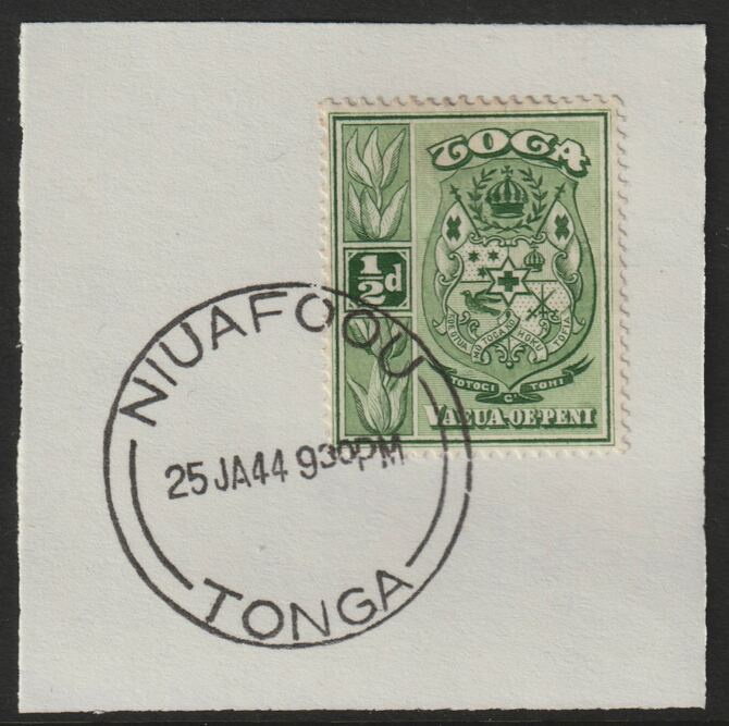Tonga  1942 Pictorial 1/2d yellow-green on piece with full strike of Madame Joseph forged postmark type 416, stamps on forgeries, stamps on forgery, stamps on arms