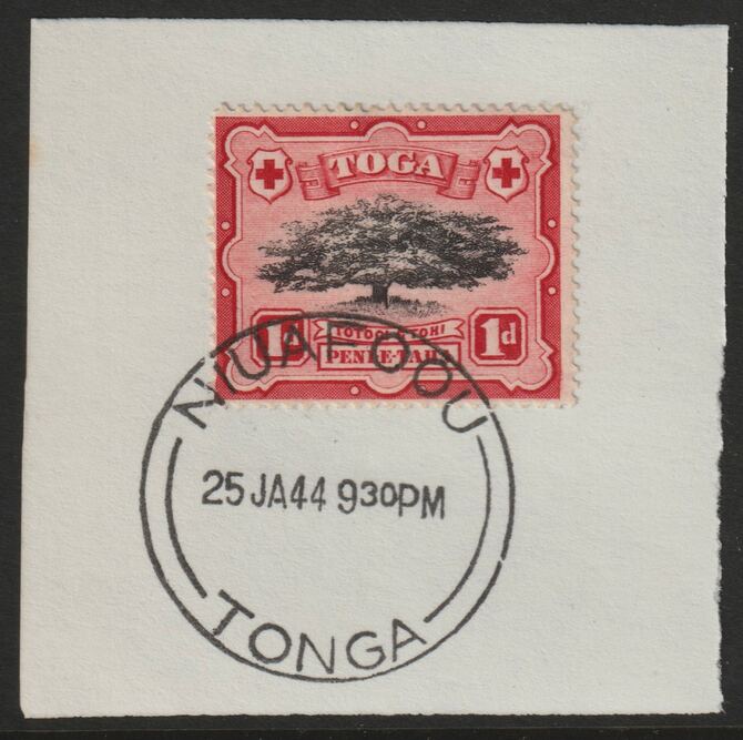 Tonga  1942 Pictorial 1d black & scarlet on piece with full strike of Madame Joseph forged postmark type 416, stamps on , stamps on  stamps on forgeries, stamps on  stamps on forgery, stamps on  stamps on trees