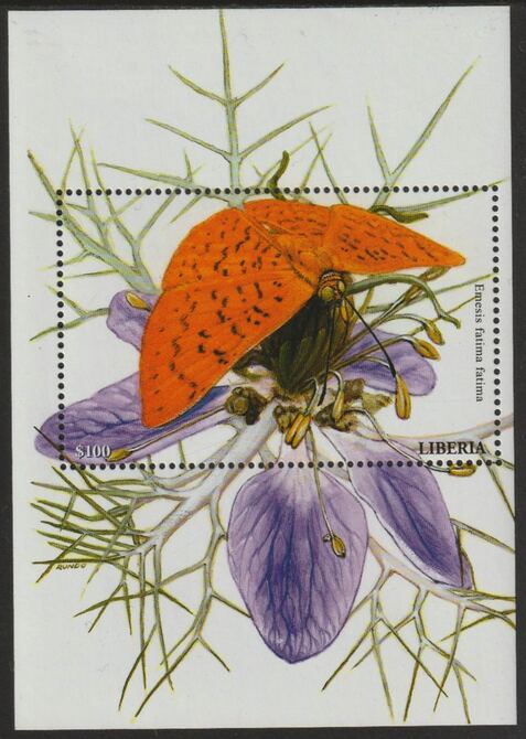 Liberia 2001 Emesis Butterfly perf souvenir sheet unmounted mint , stamps on butterflies