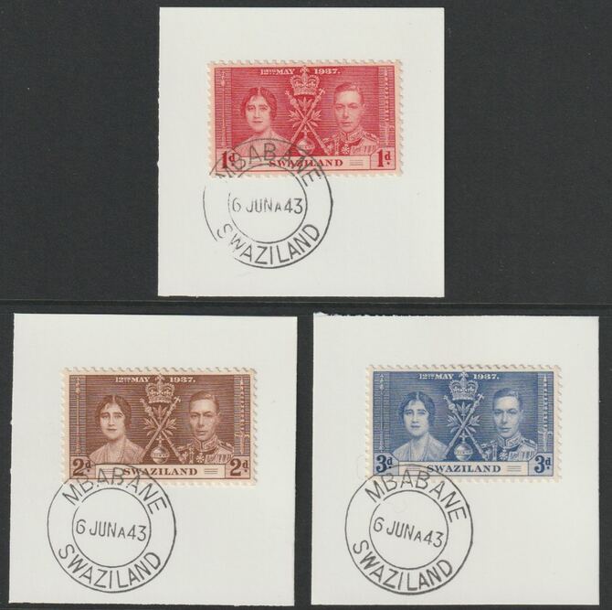 Swaziland 1937 KG6 Coronation set of 3 each on individual piece cancelled with full strike of Madame Joseph forged postmark type 411, stamps on , stamps on  kg6 , stamps on forgery, stamps on forgeries, stamps on coronation
