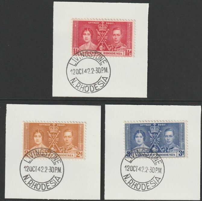 Northern Rhodesia 1937 KG6 Coronation set of 3 each on individual piece cancelled with full strike of Madame Joseph forged postmark type 335, stamps on , stamps on  stamps on , stamps on  stamps on  kg6 , stamps on  stamps on forgery, stamps on  stamps on forgeries, stamps on  stamps on coronation