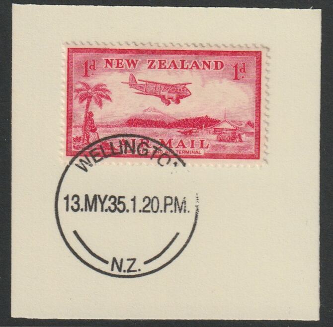 New Zealand 1935 Air 1d carmine (SG570) on piece with full strike of Madame Joseph forged postmark type 286, stamps on , stamps on  kg5 , stamps on forgery, stamps on aviation
