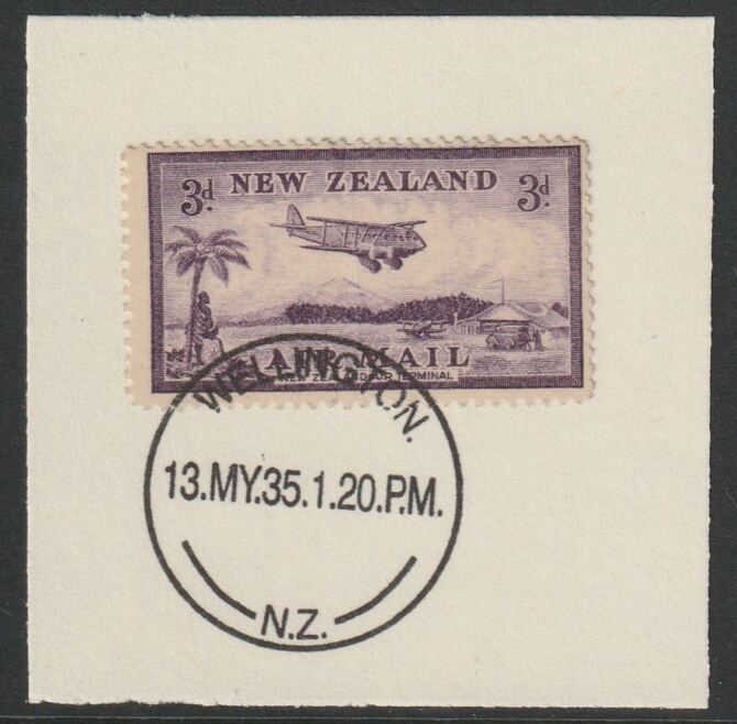 New Zealand 1935 Air 3d violet (SG571) on piece with full strike of Madame Joseph forged postmark type 286, stamps on , stamps on  stamps on , stamps on  stamps on  kg5 , stamps on  stamps on forgery, stamps on  stamps on aviation