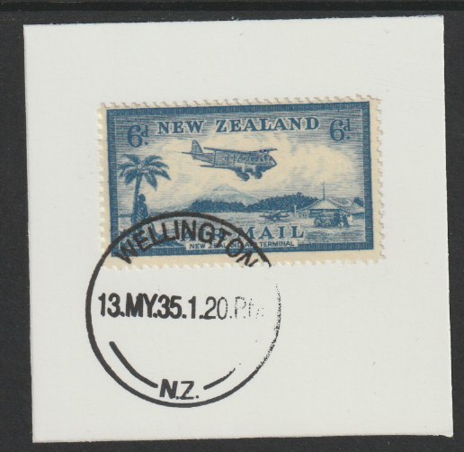New Zealand 1935 Air 6d blue (SG572) on piece with full strike of Madame Joseph forged postmark type 286, stamps on , stamps on  kg5 , stamps on forgery, stamps on aviation