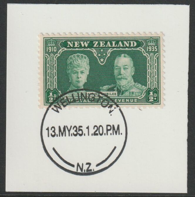 New Zealand 1935 Silver Jubilee 1/2d (SG573) on piece with full strike of Madame Joseph forged postmark type 286, stamps on , stamps on  stamps on , stamps on  stamps on  kg5 , stamps on  stamps on forgery, stamps on  stamps on silver jubilee